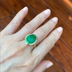 14K Solid Real Gold Oval Green Jade Women Ring 6.5